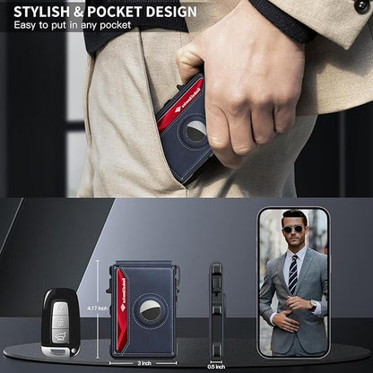Airtag Wallet for Men, Mens Smart Wallet for Air Tag RFID Blocking, Minimalist Bifold Pop Up Aluminum Credit Card Case Holder 12+ Cards with ID Window, Gift for Men, No Airtag Included, Navy