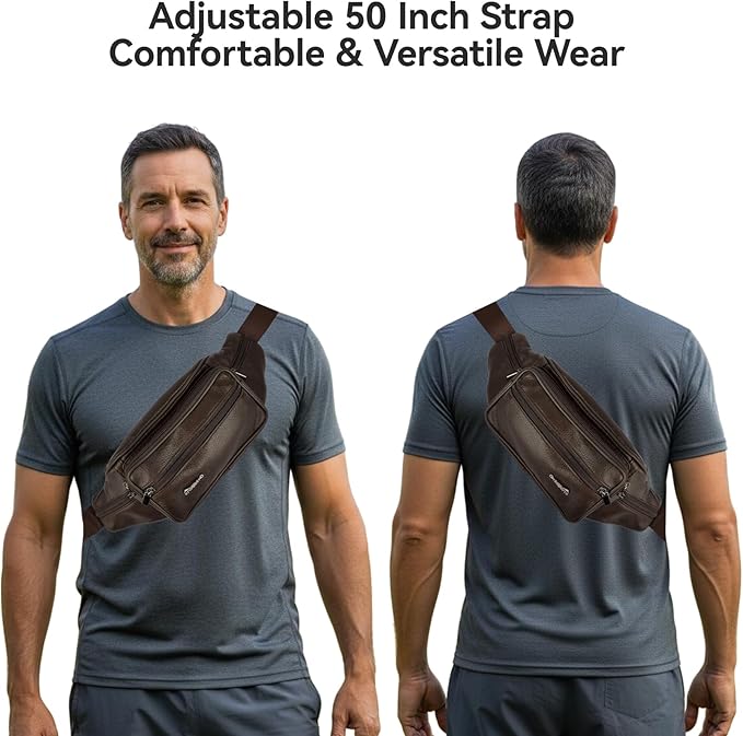 Genuine Leather Fanny Pack For Men and Women Multiple Pockets Waist Bag with Adjustable Strap for Travel Casual Sports Hiking Cycling Fishing Running Brown Belt Bag