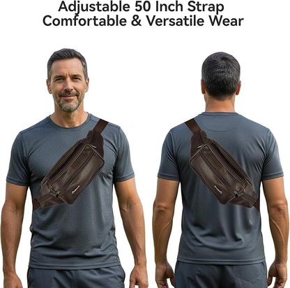 Genuine Leather Fanny Pack For Men and Women Multiple Pockets Waist Bag with Adjustable Strap for Travel Casual Sports Hiking Cycling Fishing Running Brown Belt Bag