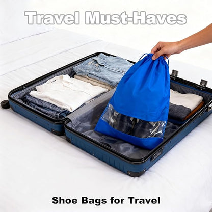 20 Pack Shoe Bags for Travel, 17" x 12.6" Drawstring Shoe Organizers with Clear Window, Breathable Non-Woven Dustproof Pouches for Luggage & Closet (Blue)