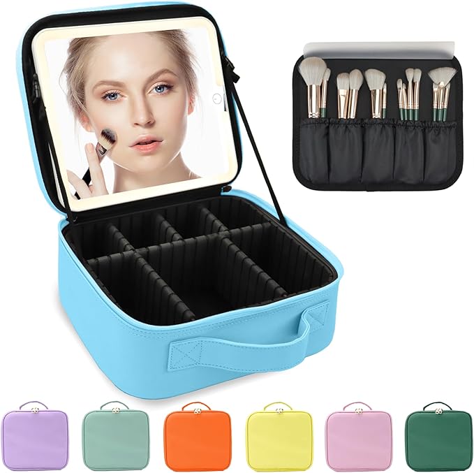 Travel Makeup Bag for Women and Makeup Artists Cosmetic Organizer Large Makeup Case,Travel Makeup Bag with Mirror 3 Color Setting,Portable Storage and Adjustable Dividers(blue)