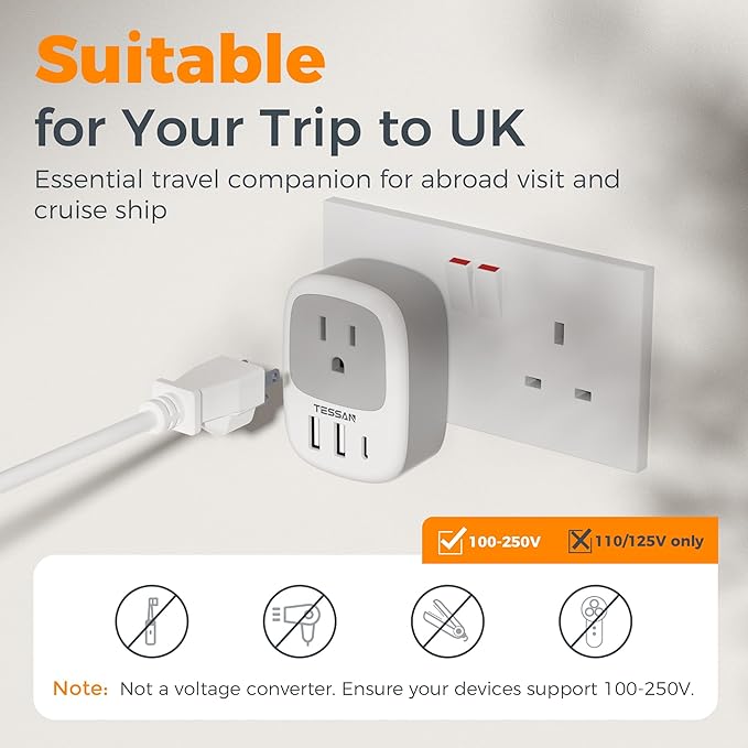2 Pack UK Adapters for Travel, TESSAN Ireland Plug Adapter with 3 USB Ports (1 USB C), Type G Power Outlet for US to UK Scotland England Dubai Hong Kong London British Kenya Irish Qatar