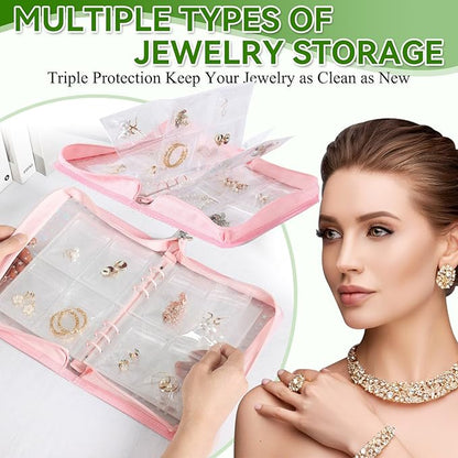 Jewelry Organizer Case Travel Clear Earring Organizer Case Transparent Jewelry Storage Book with Clear Zippered Jewelry Pouch (Pink, With 80 Pcs small Jewelry Pouches)