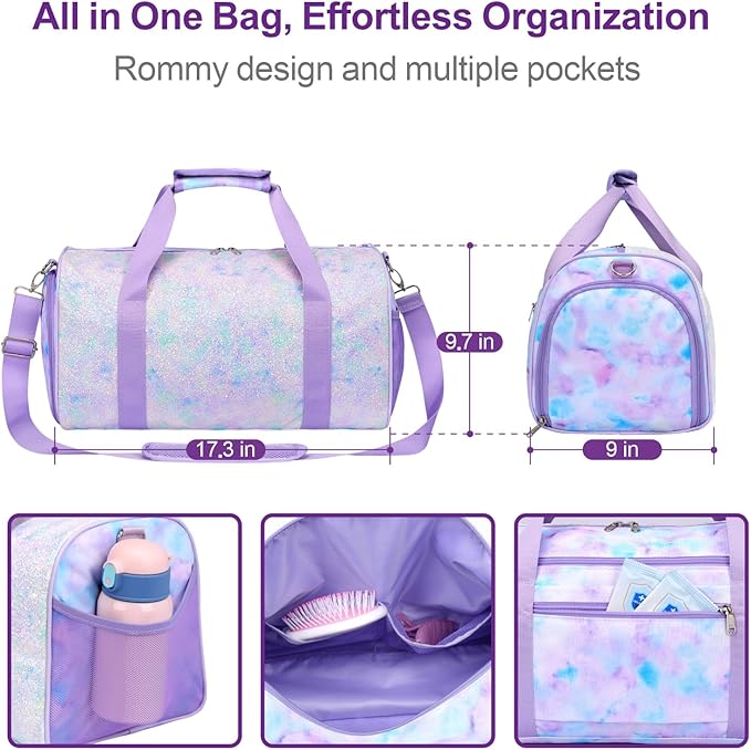 Bagseri Duffel Bags for Kids - Girls Dance Ballet Bag Waterproof Sports Gymnastics Bag for Girls Kids Sleepover Duffel Bag with Shoe Compartment and Dry Wet Separation Pockets (Tie-dye, Purple)