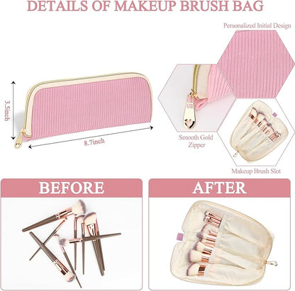 Personalized Initial Makeup Bag Trendy Stuff Corduroy Cosmetic Bag Travel Toiletry Bag for Women, Christmas/Thanksgiving/Halloween Gifts Makeup Organizer Case for Teen Girls Mom Girlfriend Wife - Pink