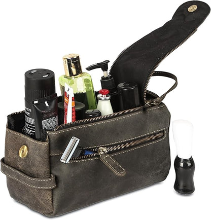 KomalC Premium Buffalo Leather Toiletry Bag for Men & Women – Leather Dopp Kit With Water resistant Lining, Premium Toiletry Travel Pouch, Unisex Wash Bag for Toiletries, Gifts for Men and Women