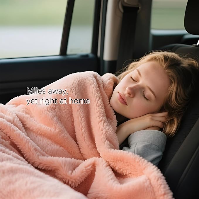 Melissa Large Travel Blanket and Inflatable Pillow Set - 69“ x 43.3” – Soft Blanket with Carry Bag – Lightweight, Compact & Washable for Backpacking, Hiking, Airplane, Car, Office, Camping (Pink)