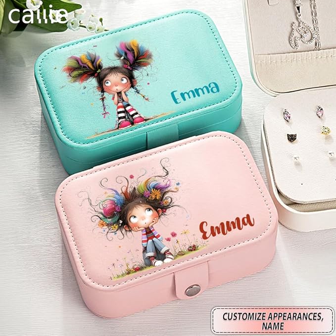 callie Personalized Quirky Girl Jewelry Box - Custom Name & 15 Pattern, 2 Layer PU Leather Travel Makeup Box Organizer Case, Birthday Christmas Gift for Women Girls