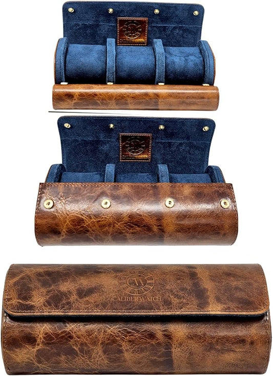 Genuine Napa Leather Watch Roll Travel Case for 3 Watches - Travel Watch Rolls and Leather Watch Display Cases with Velvet Interior - Watch Storage Organizer Men's