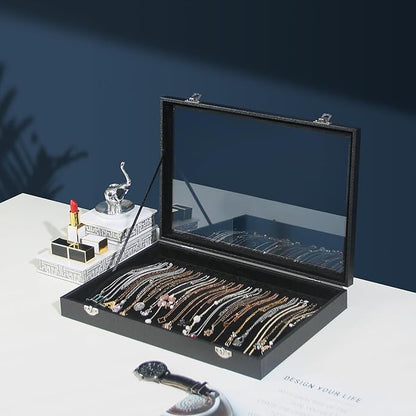 Coward 20 Hooks Necklace Organizer Jewelry Box, Dustproof Necklace Display Holder Case, Black Velvet Necklace Display Tray Case with Transparent Glass Lid for Home Use or Store Selling Show