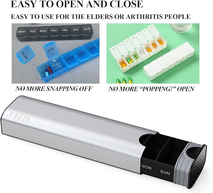 Extra Large Pill Organizer 7 Day, Aluminum Daily Pill Box, Weekly Travel Pill Case, Cute Pill Holder to Hold Vitamins, Medicines, Pills, Supplements