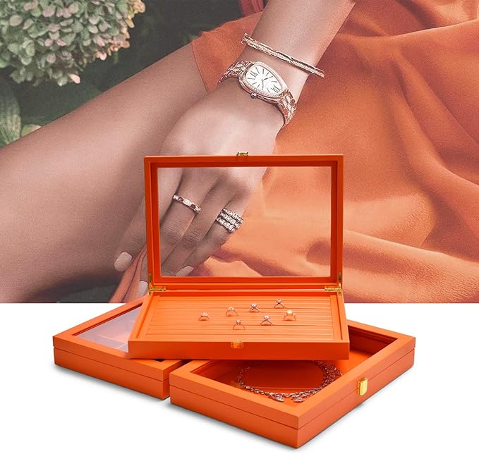 Oirlv Premium Leather Jewelry Tray with 24 Grid Removable Jewelry Cards Necklace Organizer Box with Transparent Acrylic Lid Necklace Pendant Display Case