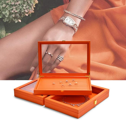 Oirlv Premium Leather Jewelry Tray with 24 Grid Removable Jewelry Cards Necklace Organizer Box with Transparent Acrylic Lid Necklace Pendant Display Case