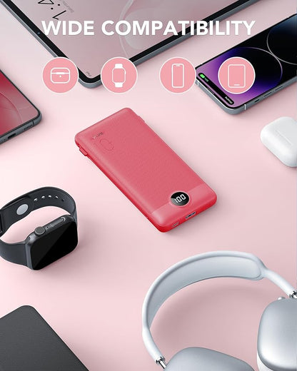 Portable Charger Built-in Cables and AC Wall Plug, VRURC USB C Power Bank 10000mAh, Travel Battery Portable Phone Charger Compact Lightweight External Battery Pack for SmartPhones,Tablets-Viva Magenta