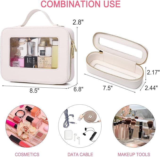 Pinkmik Travel Clear Makeup Bag with Brush Bag Portable Cosmetic Bag Case Transparent Toiletry Bag Cosmetic Organizer Storage Bag for Women (White, L+SLIM)