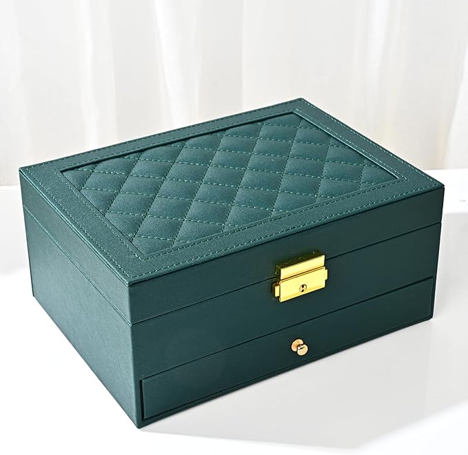 GUOER Jewelry Box for Women Girl Wife - Large PU Leather Jewelry Organizer Storage Case with Two Layers Display for Earrings Bracelets Rings Watches (Green)