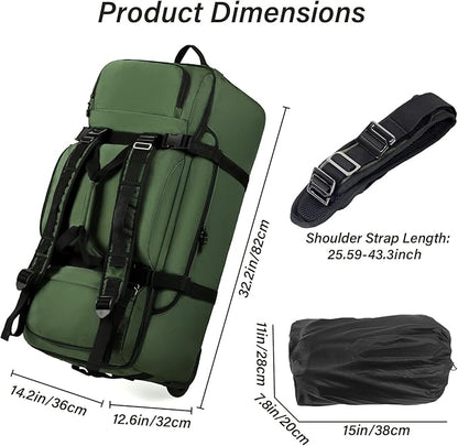 Rolling Duffle Bag with Wheels, 90L 32-inch Large Foldable Travel Duffel Bags Durable, Tear-resistant Heavy-duty Luggage Bag (Green)