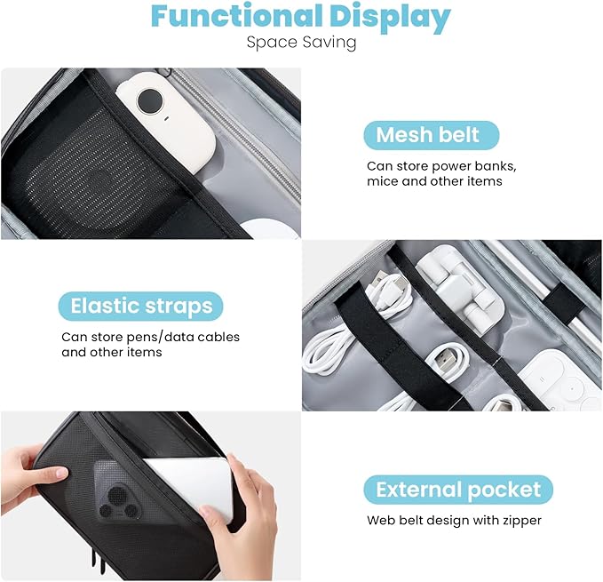 Electronics Organizer Bag, Portable Cable Organizer Case Travel Electronic Accessories Storage Case - Travel storage bag for Cables, Chargers, Phone, SD Cards - Black