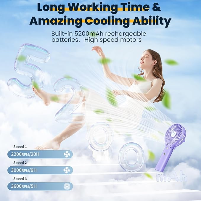 HandFan 5200mAh Handheld Fan Rechargeable, 20H Runtime Hand Fan, 3 Speeds Strong Airflow, Personal 180° Foldable Portable Fans for Travel/Summer/Concerts/Lash/Commute, Gifts for Women (Purple)