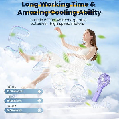 HandFan 5200mAh Handheld Fan Rechargeable, 20H Runtime Hand Fan, 3 Speeds Strong Airflow, Personal 180° Foldable Portable Fans for Travel/Summer/Concerts/Lash/Commute, Gifts for Women (Purple)