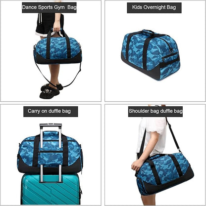 Boys Overnight Duffel Bags Sport Gym Bag Gymnastics Bag with Shoe Compartment, Carry-on Size Weekender Sleepovers Travel Duffel Bag for Boys (Blue Camo)