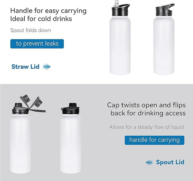 VEGOND 40 oz Insulated Water Bottle Stainless Steel Metal Water Bottles with Leak Proof Straw Lid & Spout Lid, Wide Mouth Double Walled Vacuum Travel Sports Bottle, White