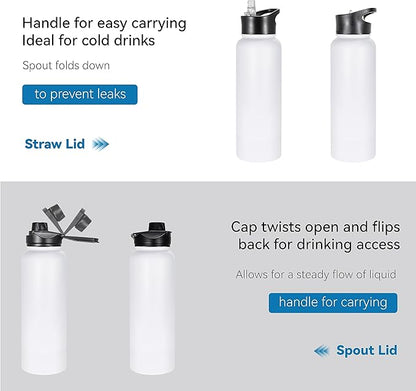 VEGOND 40 oz Insulated Water Bottle Stainless Steel Metal Water Bottles with Leak Proof Straw Lid & Spout Lid, Wide Mouth Double Walled Vacuum Travel Sports Bottle, White