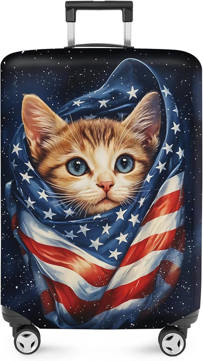 ANNA QUEEN Cute Patriotic Cat Luggage Cover, American Flag Suitcase Protector, Stretchable, Washable Travel Cover for 20-22 Inch Luggage