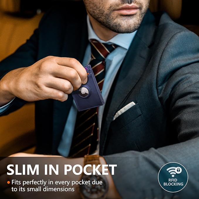 Airtag Wallet for Men- with Money Clip Gift Boxed, Magnetic Closure Slim Genuine Leather Front Pocket Wallet, 4.1"x 2.8", RFID Blocking