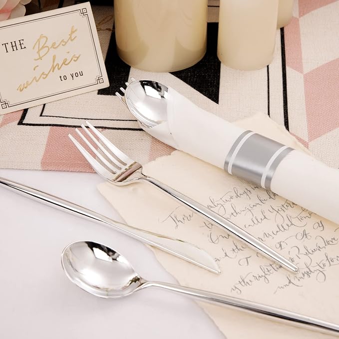 LUODA 30 Pack Pre Rolled Silver Plastic Silverware, Heavy Duty Wrapped Disposable Cutlery Set Includes 30 Forks, Knives, Spoons & Linen Napkins, Silver Flatware Set for Party