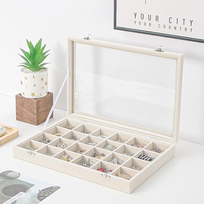 Coward Jewelry Organizer Box, Beige Velvet 24 Grids Ring Earring Jewelry Display Tray Case with Transparent Glass Lid for Home Drawer or Shop Selling