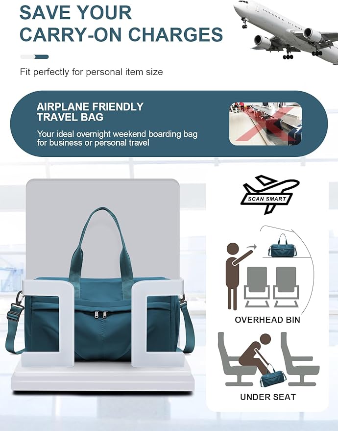 Gym Bag for Women Men, Sport Duffel Bag with Toiletry Bag & Shoe Compartment,Waterproof Travel Weekender Overnight Carry on Bag for Yoga with Trolley Sleeve, Peacock Blue Set