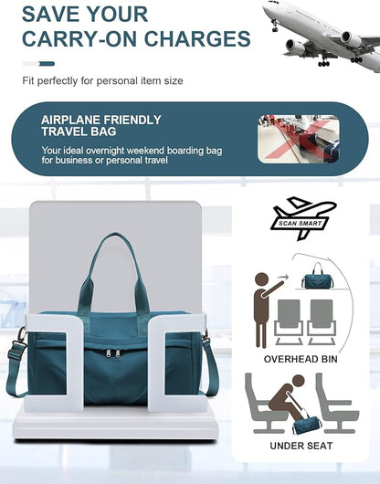 Gym Bag for Women Men, Sport Duffel Bag with Toiletry Bag & Shoe Compartment,Waterproof Travel Weekender Overnight Carry on Bag for Yoga with Trolley Sleeve, Peacock Blue Set