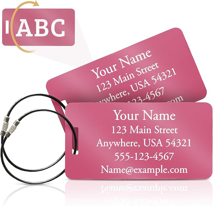 Two Custom Engraved Aluminum Luggage Tags (Pink)