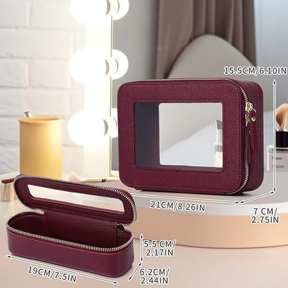 Pinkmik Travel Clear Makeup Bag with Brush Case TSA Approved Toiletry Bag Waterproof Cosmetic Organizer with Zipper Car Essential for Women (X/Burgundy, M+SLIM)