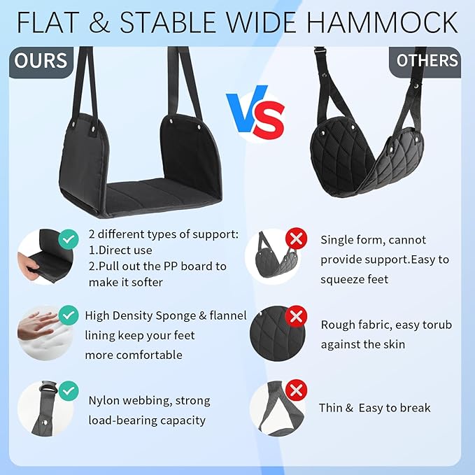 Foot Hammock for Plane Travel, Airplane Foot Rest, Flight Foot Sling with Extended Adjustment Strap, Portable Desk Foot Hammock, Wider Leg Hammock Under Desk - Travel Essentials to Relax Your Feet