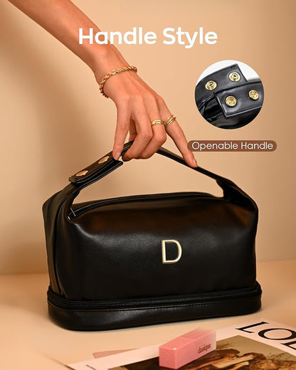 Young Women Gifts, Personalized Makeup Bag with Handle, Cool Gifts for Her Cosmetic Bag with Makeup Brush Organizer, PU Leather Travel Toiletry Bag, Gifts for Friends Female Mom