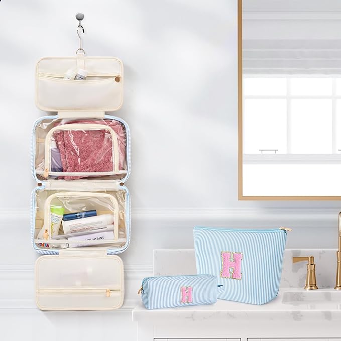 Birthday Gifts for Her - Personalized Friend Gifts - 3 Pieces Toiletry Bag Makeup Bag Cosmetic Bags for Women Travel Wedding Bridesmaid Gifts Teacher Gifts for Women - Blue H