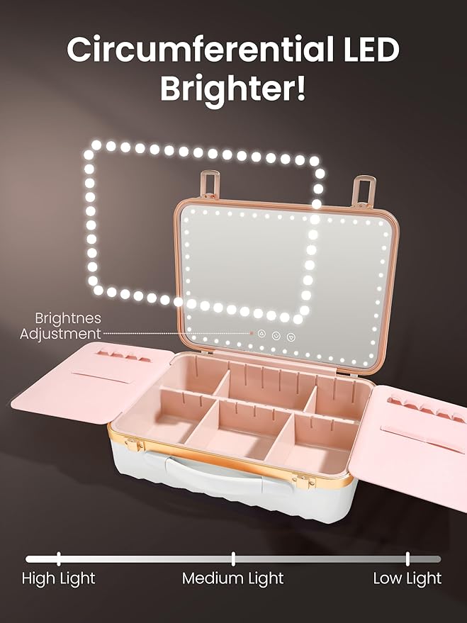 ROWNYEON Portable Travel Makeup Case With Light Up Mirror & Removable Divider - Train Case Organizer for Girls & Makeup Artist, Hairstylist - 10x Mirror (White)