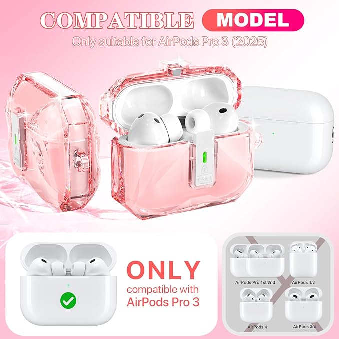 R-fun for AirPods Pro 3 Case (2025) Cover with Cleaning Kit, Military-Grade Shockproof Transparent Non-Yellowing, Auto Pop-Up Lid Design for AirPods Pro 3rd Generation Case, Clear Pink