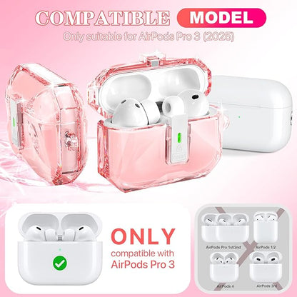 R-fun for AirPods Pro 3 Case (2025) Cover with Cleaning Kit, Military-Grade Shockproof Transparent Non-Yellowing, Auto Pop-Up Lid Design for AirPods Pro 3rd Generation Case, Clear Pink