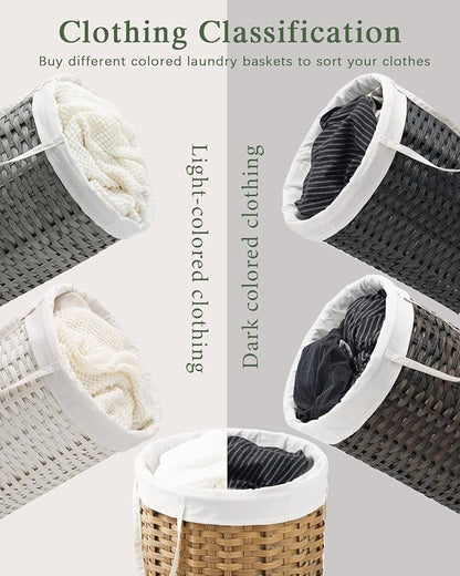 Laundry Basket Round Rattan Laundry Hamper 29.1 Gal (110 L) Handwoven Large Wicker Basket with Handles, Wicker Hamper with Removable Bags and 2 Mesh Bags for Bathroom Living Room Gray