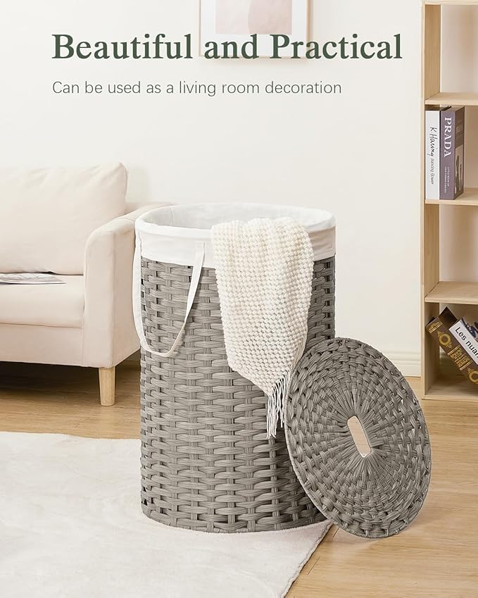 Large Laundry Hamper Laundry Basket Round 34.3 Gal (130 L) Handwoven Wicker Laundry Baskets Rattan Laundry Basket with Laundry Bag Handles 2 Mesh Bags for Living Room Bedroom Gray