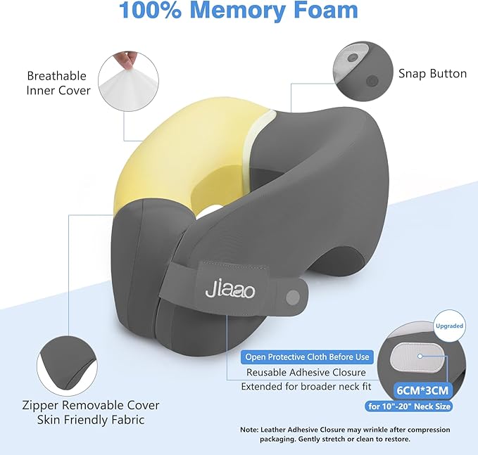 jiaao Neck Pillow Airplane, Memory Foam Travel Neck Pillows for Long Flight, 3D Eye Masks, Ear Plugs and Portable Drawstring Bag, Napping Pillow for Home, Road Trips, Sleep Rest and Travel Use