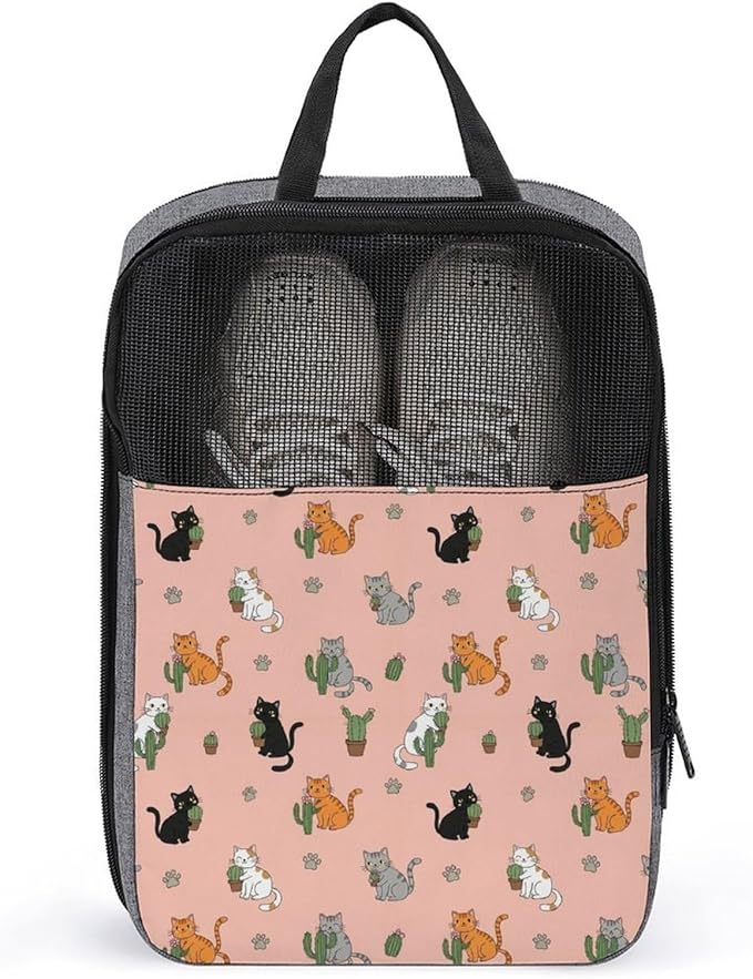 Dust-Proof Men & Women Travel Shoe Bag Cactus Cat Pink Portable Travel Shoe Packing Bag for Gym Sneaker Bags