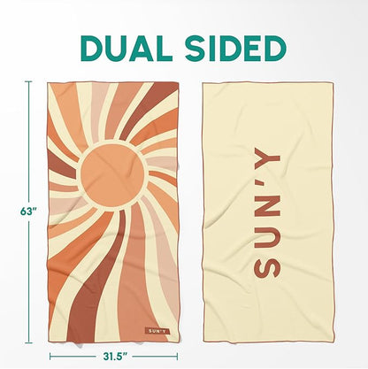 SUN'Y Waffle Microfiber Beach Towel – Sand Free, Quick Dry, Ultra Absorbent, Lightweight & Compact Travel Towel with Carry Bag - Large (63” x 31.5”), Rays
