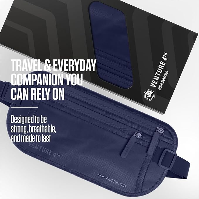 Travel Money Belt, RFID Blocking for Men & Women - Ideal for Keeping Your Cash, Credit Card, Passport, Phone Safe When Traveling (Sleek Navy Blue)