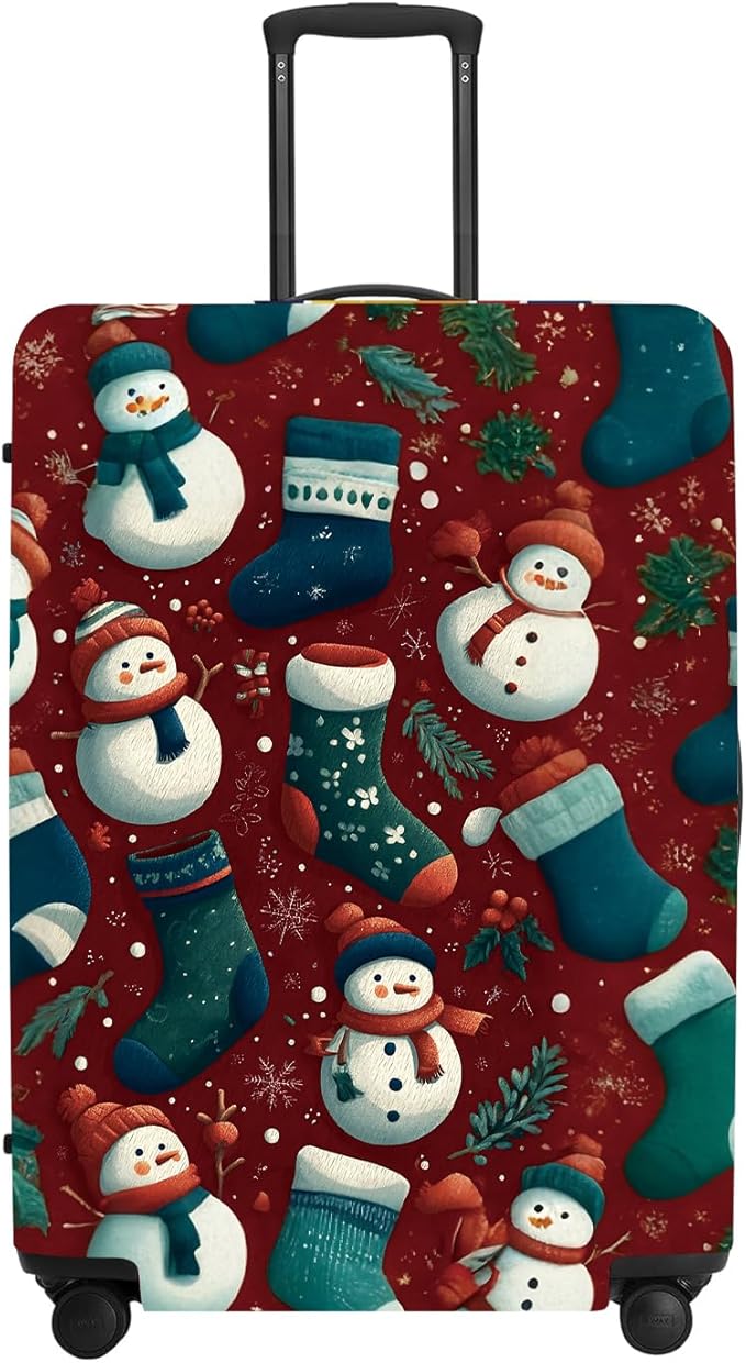 Christmas Luggage Cover - Allover Green Socks and White Snowmen Pattern on Dark Background, Stretchable Suitcase Protector for 28 30 Inch Travel Bags