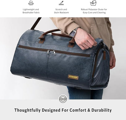 STOVER Garment Travel Duffle Bag, Large 2-in-1 Convertible Carry-on Luggage for Men & Women- Hanging Suits, Dresses & Clothes + Shoe Compartment- Weekender Tote Combo Duffel (Blue Leatherette)