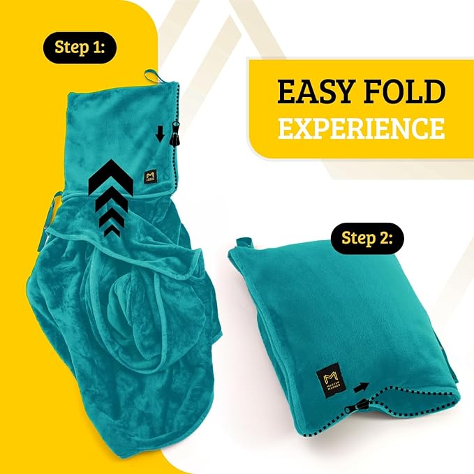 Travel Blanket Airplane Compact with Hoodie – 2in1 Airplane Travel Accessories from Plane Blanket to Travel Pillow with Luggage Strap, Soft Handle & Secure Pocket